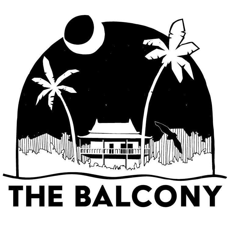 Black and white logo depicting a traditional Khmer house nestled between two coconut palms, with banana palms in the foreground and a wavy line below symbolising a river. A cresent moon is above the house with a dark night sky and a bat flying upwards